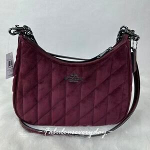 COACH 2 Straps Teri Hobo Bag With Quilting In Velvet/Gunmetal/Burgundy CCW69 NWT
